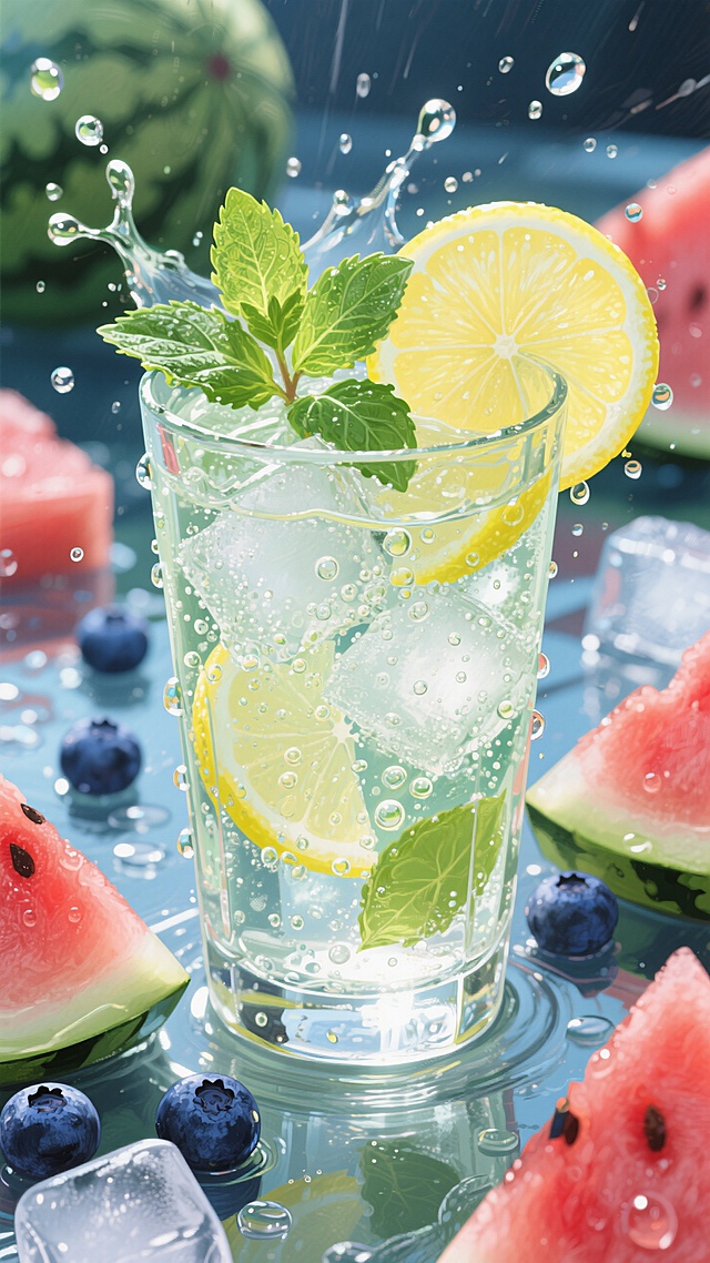 3D轻拟物风设计，清新柠檬薄荷冰饮，水珠飞溅，夏日清爽感十足。