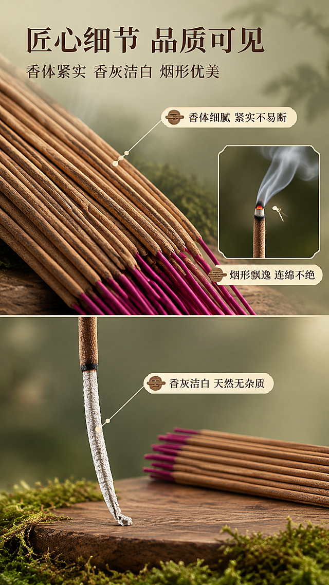 [商品] 使用【图2】线香捆装、【图4】线香斜靠；保留线香外观不变；本页做细节微距展示。
[画面] 第8张 细节微距 线香质感展示；目标近距离展示线香的材质质感、燃烧状态和香灰品质；上下结构，上半部分占50%左侧微距特写线香本体——棕褐色香身的细腻木质纹理和紫红色香脚细节，放大展示香体紧实度；右侧小图展示燃烧中的线香头部——红火点和缭绕细烟；下半部分占50%展示香灰品质——燃烧后洁白细腻的香灰自然垂落形状，旁置完整线香做对比；底部绿色苔藓和木质台面。
[视觉] 套系策略：风格=新中式禅意美学商业摄影；标题字=宋体加粗；正文字=宋体常规；主色=豆绿色浅灰绿；背景延展=基于豆绿色做深浅渐变、同色系层次过渡、朦胧雾感；强调色=枯木棕，仅用于小面积图标引线标签；标题色=深褐色；正文色=浅褐色；组件=圆角米白底浅棕描边信息卡、细引线、木质标签牌；光影=侧柔光突出纹理质感 微距清晰。
[文字] 左上角主标题'匠心细节 品质可见'，副标题'香体紧实 香灰洁白 烟形优美'；三个细节点配引线标注'香体细腻 紧实不易断''烟形飘逸 连绵不绝''香灰洁白 天然无杂质'；全部横排。
[规格] 比例9:16竖版，2K分辨率，medium质量；禁止变形错字模糊水印平台Logo，禁止修改产品外观，禁止冷蓝冷灰主色。