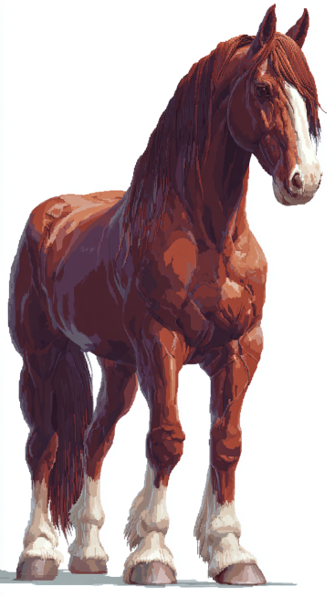 A well-built adult horse, with a clearly defined head, erect ears, bright and lively eyes, a long an预览效果