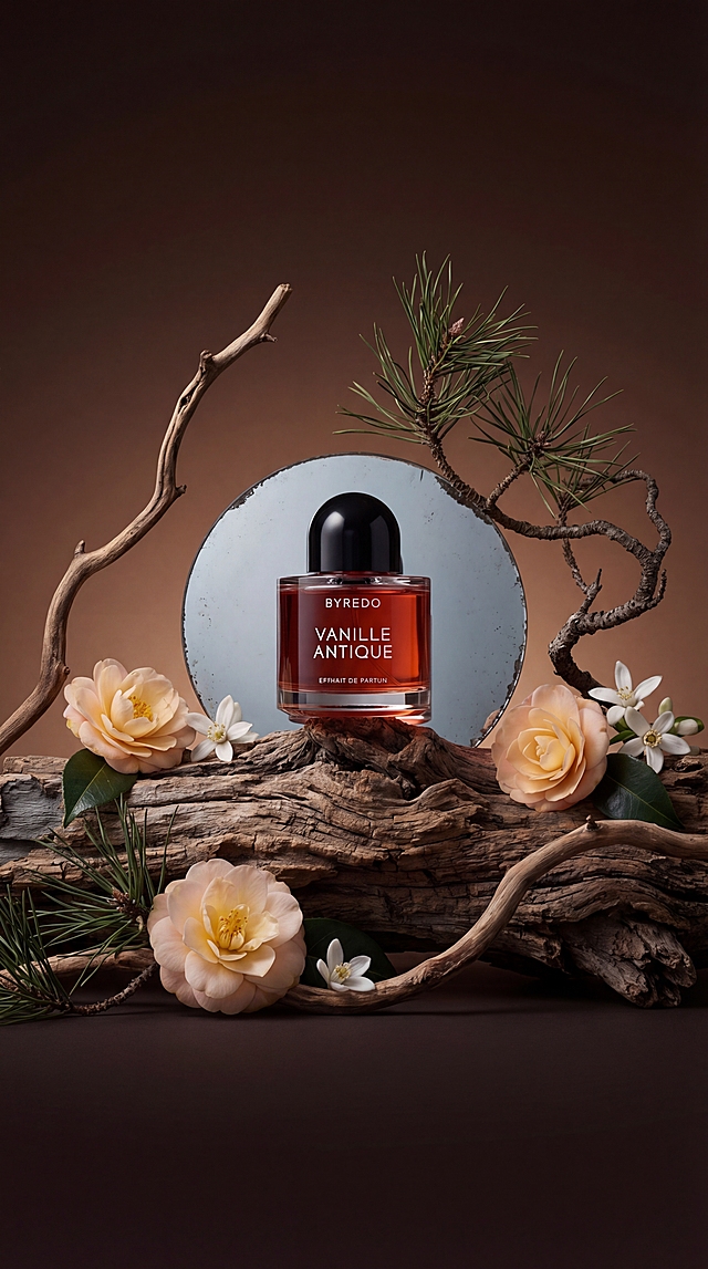 画面宁静悠远，充满东方禅意，镜子置于枯木之上，搭配弯曲枯枝与松针枝条，采用中心对称构图，BYREDO VANILLE ANTIQUE香水位于视觉核心，周围环绕自然元素：淡粉黄色山茶花、白色小花。背景为渐变色调，由棕色过渡到深棕，过渡自然，大牌商业摄影氛围，色彩色调以低饱和蓝、棕、黑为主，营造沉稳静谧且富有自然质感的氛围，传递回归自然、舒缓身心的意境，展现产品宁静治愈的特质，传递自由浪漫的调性，画面清晰，4K超高清，专业棚拍布光，质感细腻