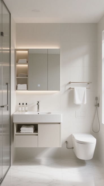 极简主义风格的卫生间室内设计，柔和的米白色与浅灰色调为主，整体明亮通透，自然光透过隐形光源均匀洒入，营造出干净、宁静、高级的氛围。浴室中央是悬挂式米白色洗手台，台面光滑整洁，台上放置简约设计的水龙头和几瓶透明瓶装洗漱用品，台下有隐藏式抽屉和开放式储物格，内置叠放整齐的毛巾与洗漱用品。洗手台上方是带LED灯带的长方形镜面柜，柜内隐约可见折叠整齐的毛巾，镜面清晰映照出浴室景象。右侧是白色壁挂式马桶……预览效果