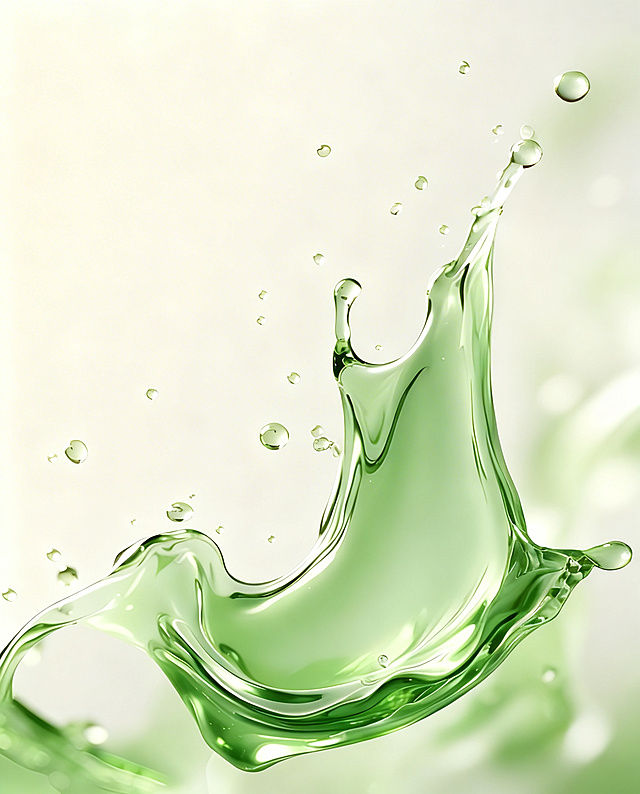 一滴清澈的绿色植物精华液，呈现出极具张力的飞溅动态，从画面右下角向上扬起，形成流畅的 S 型曲线，飞溅出大小错落、晶莹剔透的液滴，完美捕捉液体运动的瞬间质感与光影：商业摄影级 8K 超高清，极致细节，通透水润的精华油质感，粘稠又灵动，柔和的侧光勾勒液体轮廓，细腻的高光与明暗层次，晶莹剔透的液滴，真实的液体物理效果色彩与氛围：清新自然的浅绿 + 深绿渐变，纯净的浅米白渐变背景，低饱和莫兰迪绿色调，高级、静谧、治愈的视觉氛围，传递植物精华、天然滋养的概念构图与风格：右下主体 + 左上大面积留白的构图，极简干净，无多余元素，适合产品海报 / 包装设计，写实风格，电影级光效，超写实，细节拉满，8K 分辨率，锐化清晰