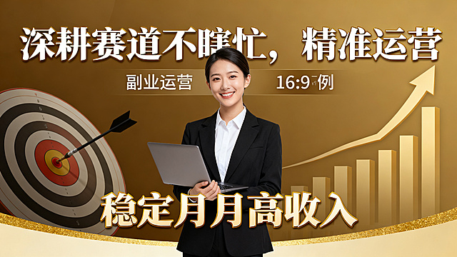 一张副业运营主题海报，比例16:9，主标题为"深耕赛道不瞎忙，精准运营"，副标题为"稳定月月高收入"，主副标题分明，背景为精准瞄准的靶心和上升的收入数据图表，有成功创业者形象，字体使用宋体，风格专业沉稳，适合副业招商，色调暖金色，不显示尺寸文字