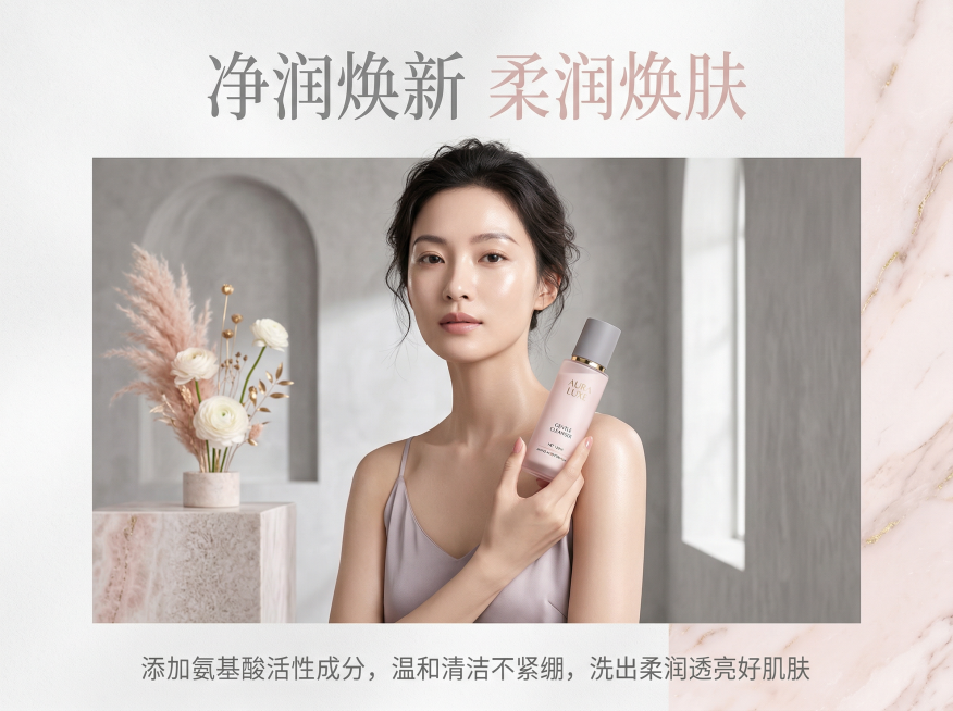 高端洗面奶海报，轻奢极简风格，主色调为高级灰和浅粉色。画面中气质清冷的模特手持质感高级的洁面乳包装，脸颊呈现出洁净透亮的状态，上方有艺术字体标题"净润焕新 柔润焕肤"，下方搭配文案"添加氨基酸活性成分预览效果