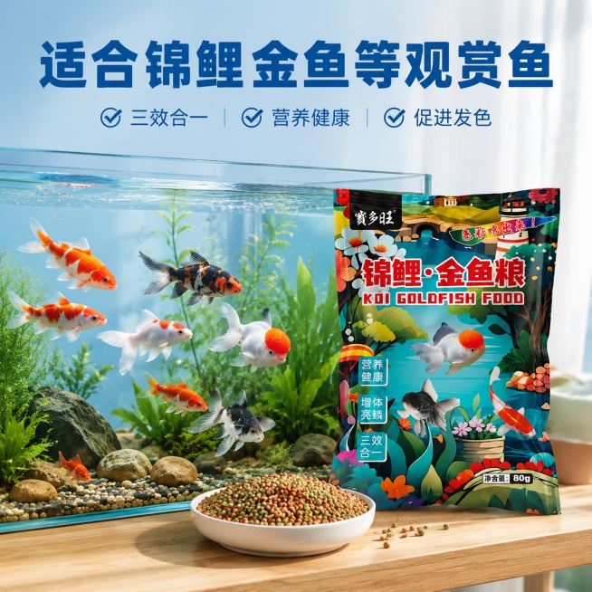 「图片1」，生成一套主图（5张），商品名称是宝多旺锦鲤金鱼锦鲤观赏鱼小型鱼饲料三效合一冷水观赏鱼饵料上浮粒鱼食(1袋)80g/包装随机多规格可选，卖点是颗粒大小两种规格可选择，整包80更方便携带，适配预览效果