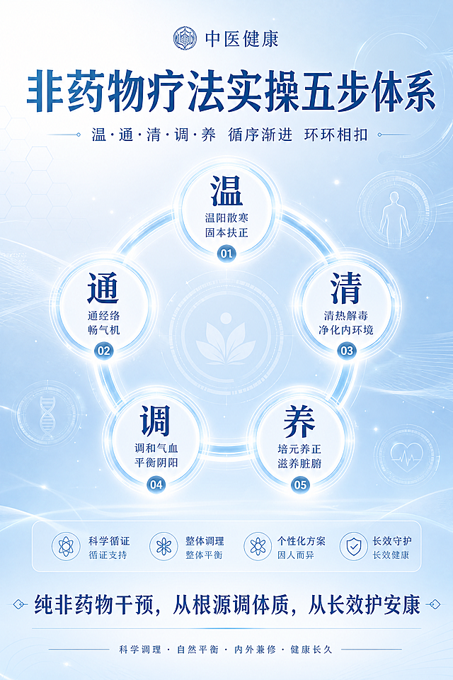 现代大健康风格宣传海报，浅蓝色清新系渐变背景，主标题"非药物疗法实操五步体系"，副标题"温·通·清·调·养 循序渐进 环环相扣"，核心标语"纯非药物干预，从根源调体质，从长效护安康"。用简约流线型相连模块体现五点环环相扣，融入极简几何、光效粒子等现代设计元素，干净简约科技感，现代大健康风格