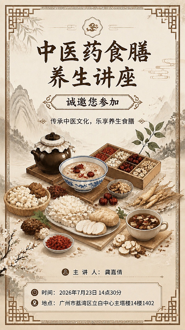调整海报排版，将主讲人保留在当前位置，把时间和地点移动到海报最底部，同时丰富中医药膳相关素材，增加更多养生食材如茯苓、山药、百合等食膳元素，保持新中式国风风格，主副标题不变，整体构图平衡，排版精美，所有文字清晰可读