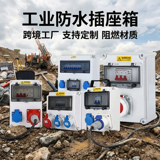 将背景替换为户外地质勘探场景，突出工业防水插座箱在野外复杂地形的实用性，添加文字"工业防水插座箱 跨境工厂 支持定制 阻燃材质"，打造地质勘探场景的电商主图预览效果