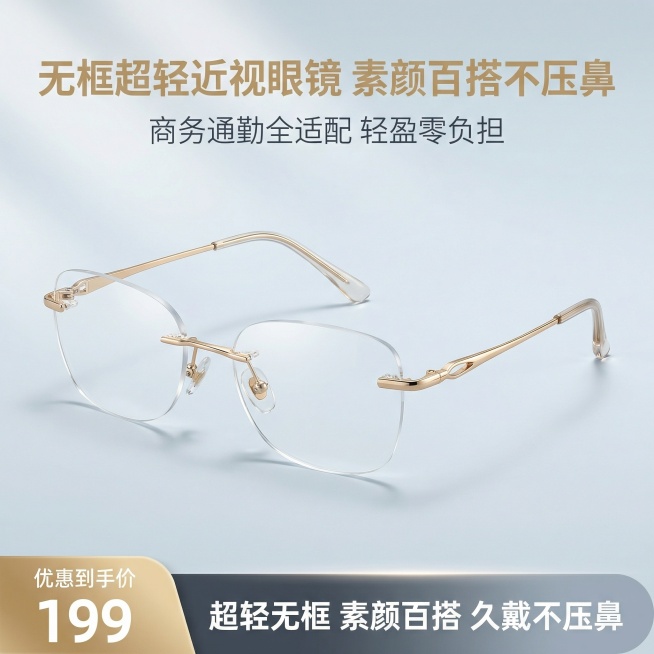 8K 超高清商业摄影，1:1 正方形竖版构图，极简轻奢高级感杂志风排版，画面中心主体为无框香槟金近视眼镜，产品呈正面微45度角舒展摆放，镜片呈现高透通透质感，背景为低饱和渐变柔焦蓝灰色高级背景，搭配柔预览效果