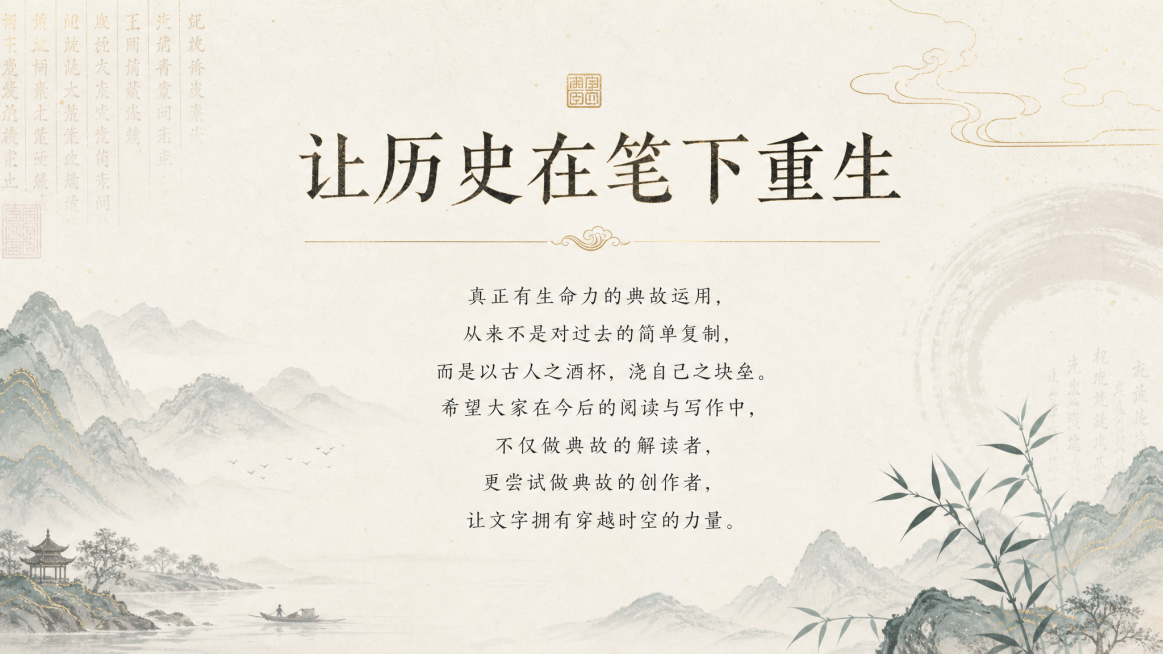 课程结束页，结语标题：让历史在笔下重生，正文：真正有生命力的典故运用，从来不是对过去的简单复制，而是以古人之酒杯，浇自己之块垒。希望大家在今后的阅读与写作中，不仅做典故的解读者，更尝试做典故的创作者，预览效果