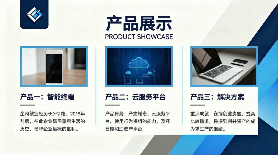 基于已有公司简介版式，设计商务简约风格PPT产品展示版式，左上角保留相同位置logo，配色为深蓝#002F6C、浅蓝#4F81BD、灰色#D9D9D9和白色#FFFFFF，字体使用思源黑体，页面上方为预览效果