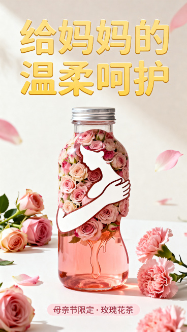 设计一张玫瑰花茶和母亲节结合的宣传海报，使用共用创意图像设计方法，玫瑰花茶瓶罐与母亲节形象共用部分轮廓，融合母亲节和玫瑰花茶的元素，暖色调，温馨氛围，带有主文案"给妈妈的温柔呵护"，整体风格清新温暖，预览效果