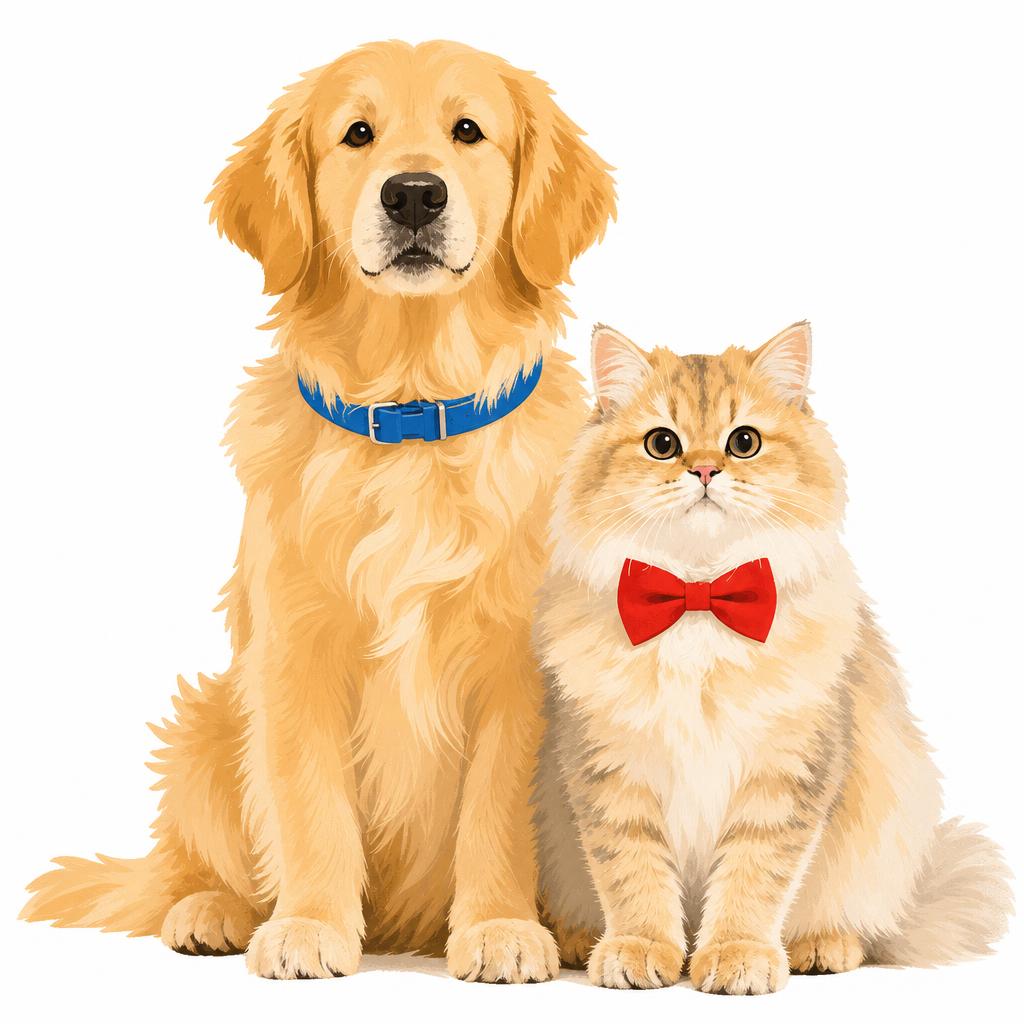 将图中的金毛犬和金渐层猫咪转换为参考图的扁平插画风格，手绘质感… - 图片创意预览