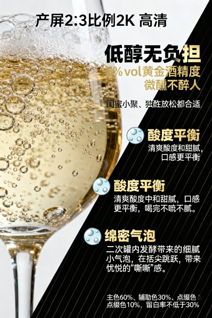 口感风味下：恰到好处的酸，中和所有甜腻；6% vol 低醇微醺，绵密气泡在舌尖跳跃；左右分栏布局：左侧为酒杯中气泡微距特写，右侧文字区域；文字内容：「低醇无负担」：6% vol 黄金酒精度，微醺不醉人预览效果