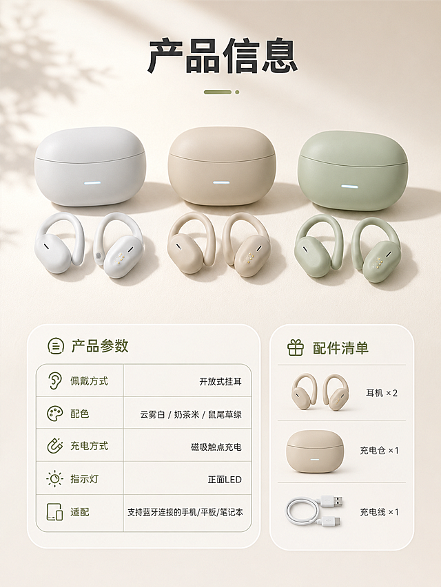 [商品] 使用【图1】开放式挂耳蓝牙耳机概念图：保留三色（云雾白/奶茶米/鼠尾草绿）豆状主机+C型弹性挂臂、鹅卵石翻盖充电仓、正面LED指示灯、内侧金色磁吸触点、哑光亲肤质感；三色全家福并排展示，颜色差异准确。[画面] 产品信息页：上下构图——上方三色充电仓+耳机全家福实拍（产品占画面50%），下方圆角参数表与配件清单，浅米色底，表格清晰、留白充足。[视觉] 套系策略：风格=现代极简生活方式商业摄影+细腻电商排版；标题字=现代无衬线粗体；正文字=细无衬线体；主色=暖白米色；背景延展=暖白/浅米/浅灰层次、柔和渐变与细腻磨砂质感；强调色=鼠尾草绿，仅用于小面积图标、引线与标签；标题色=深炭灰；正文色=中灰；组件=圆角浅底信息卡、细线引线、圆点标签；光影=左侧柔和自然光。[文字] 主标题“产品信息”；参数表仅写保守信息：佩戴方式=开放式挂耳；配色=云雾白/奶茶米/鼠尾草绿；充电方式=磁吸触点充电；指示灯=正面LED；适配=支持蓝牙连接的手机/平板/笔记本；配件=耳机×2、充电仓×1、充电线×1；不写未验证的续航、芯片、降噪参数。[规格] 国内详情页3:4竖版1080×1440，4K，暖色套系，避免冷蓝/蓝灰成为背景主色；禁止水印、错字、竖排文字、产品变形、虚构参数。