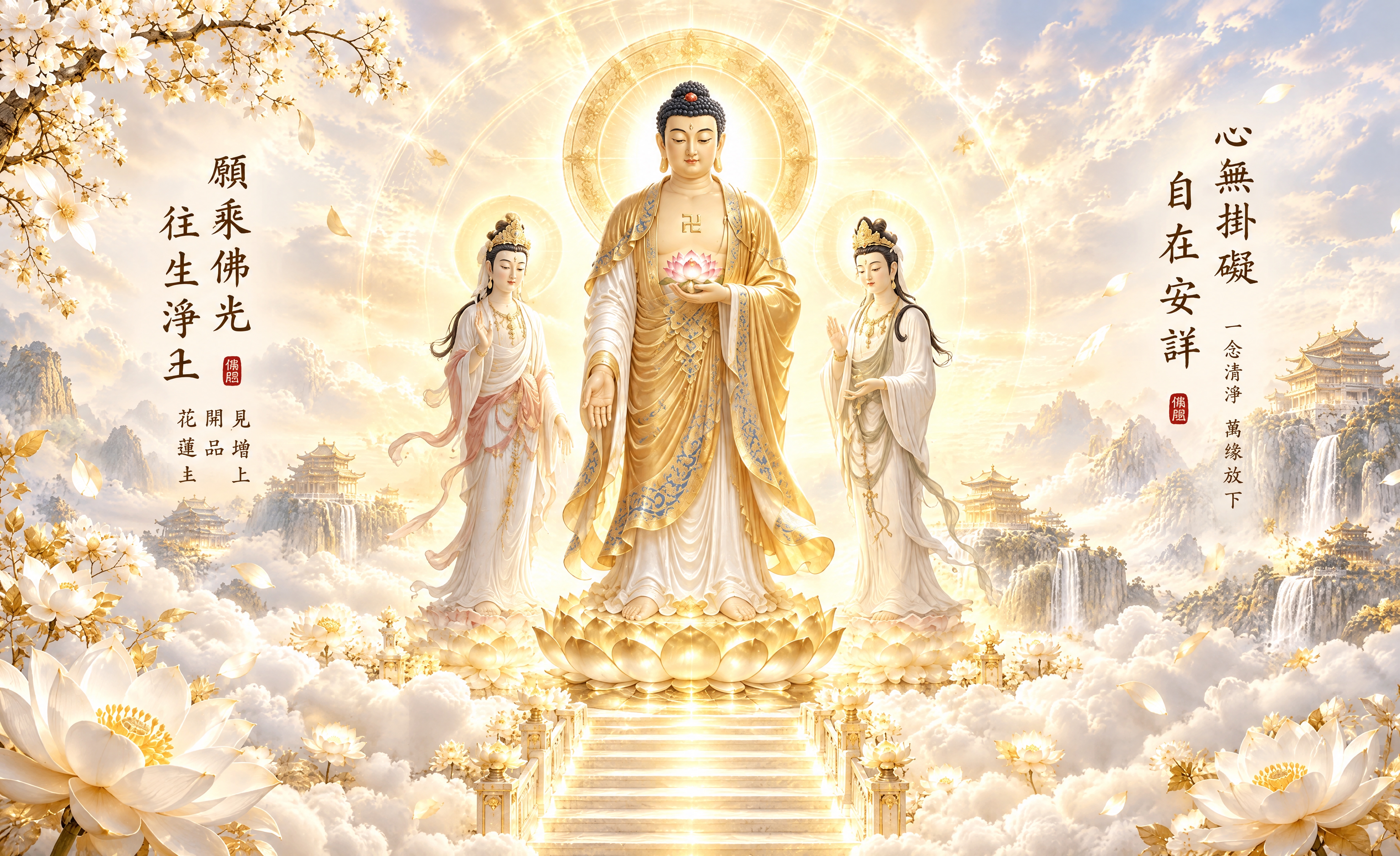 保留图一中的三尊佛像（中间金色如来佛手持莲花、胸前卍字，左右两… - 图片创意预览