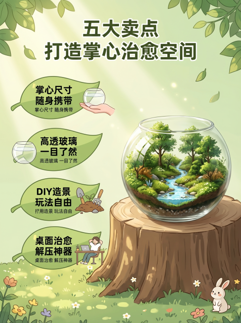 [主图 2] 核心卖点，森林卡通风格，优化排版互动。[氛围风格] 清新治愈森林风，生动卡通氛围，真实产品质感。[画质] 商业摄影质感，清晰通透。[元素] 横向排版，右侧掌上鱼缸成品造景放在树桩木桌上，预览效果