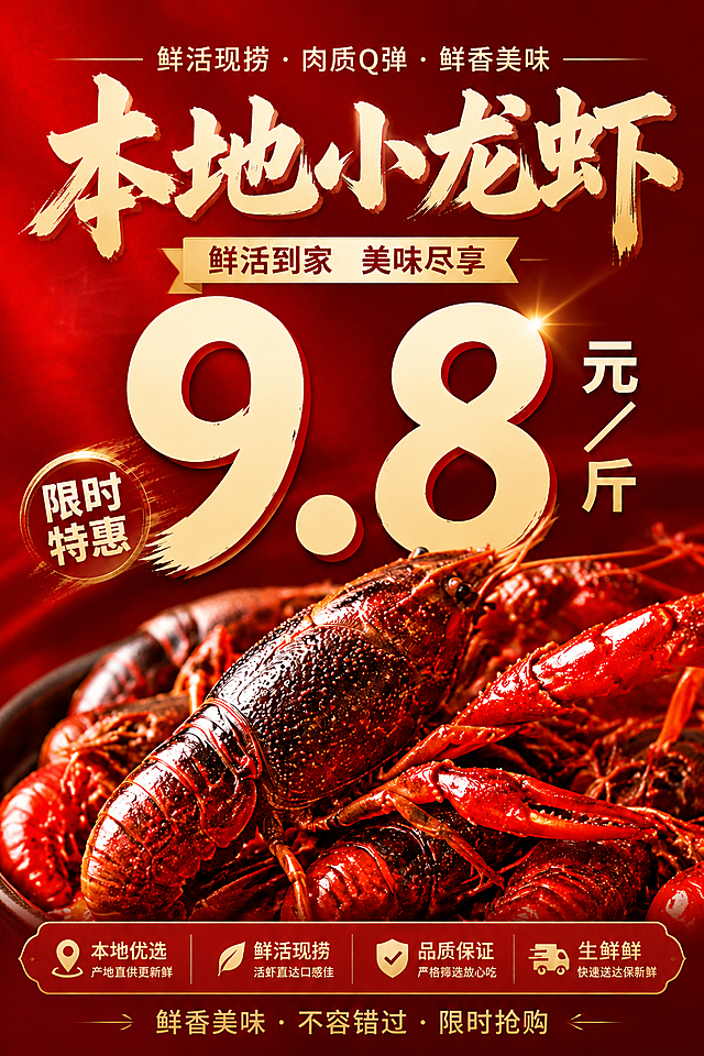 修改促销海报，将文字"极速配送"改为"生鲜"，保留原有内容：大红色高级感背景，新鲜小龙虾，醒目标题"本地小龙虾"，放大加粗大字价格"9.8元/斤"，保持促销风格和高级质感