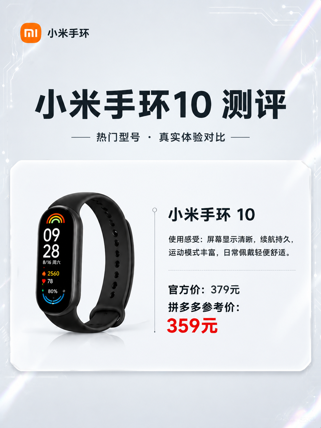 将这张三款小米手环的测评海报，拆分为三张独立的单款产品海报，每… - 图片创意预览