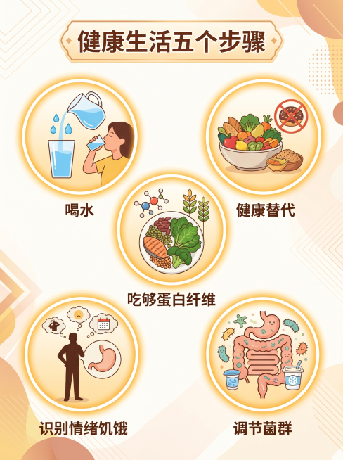 信息图表风格，五个圆形图标水平排列成一行，每个图标分别代表"喝水""健康替代""吃够蛋白纤维""识别情绪饥饿""调节菌群"，每个圆形图标下方标注对应方法名称，整体采用暖色调，风格简洁现代预览效果