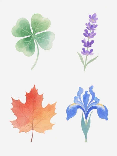 四个规整排布的水彩风格植物叶片插画，保持相同的透明晕染质感、清晰叶脉线条和自然形态，分别为：1. 嫩绿色三叶草（浅绿至深绿渐变，白色高光）、2. 紫色薰衣草花穗（淡紫到深紫过渡，细长花瓣纹理）、3. 橙红色枫叶（橙红渐变，锯齿边缘）、4. 蓝色鸢尾花花瓣（天蓝至靛蓝晕染，弧形轮廓），所有元素置于纯白色纯色背景上，整体色彩协调且每个元素色彩鲜明区分，系列感统一。预览效果