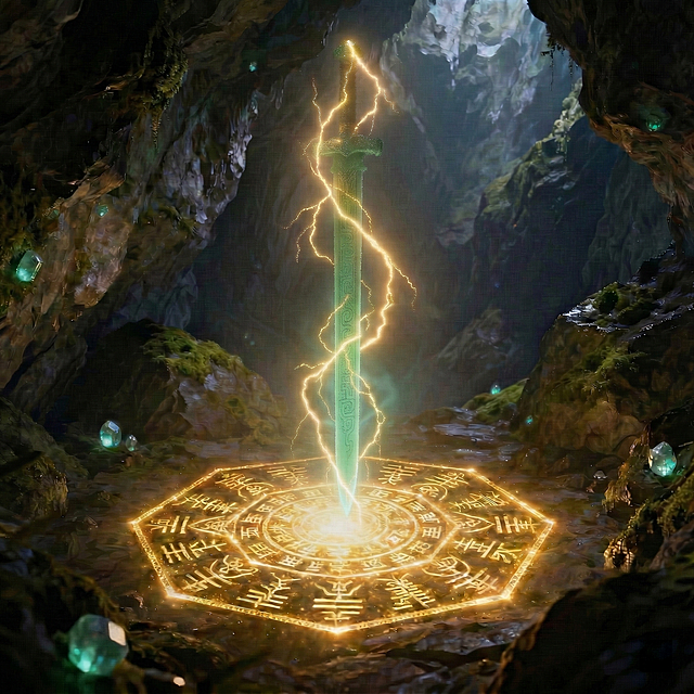 神秘洞穴中，鎏金符文阵悬浮巨剑，电光缠绕，3D光影交织，粒子流动，金属质感与虚拟现实融合，营造神圣梦幻之境。