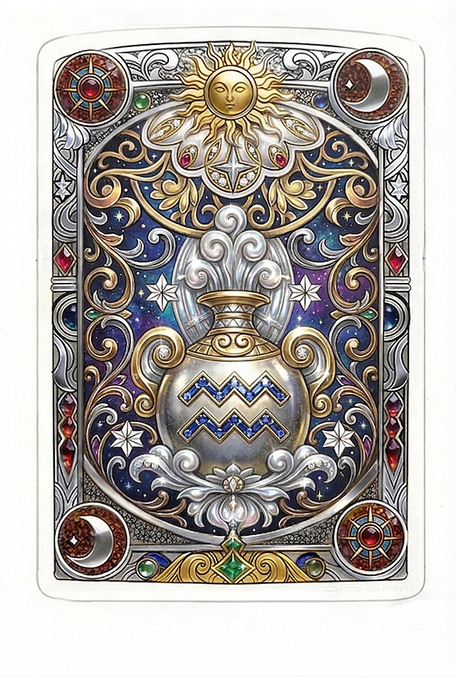 给水瓶座主体和顶部装饰的空白区域上色，做出金属立体感效果，保持原有线稿结构，风格和已完成的星空背景边框保持一致，使用金属镶嵌宝石质感，让整体塔罗牌层次感统一