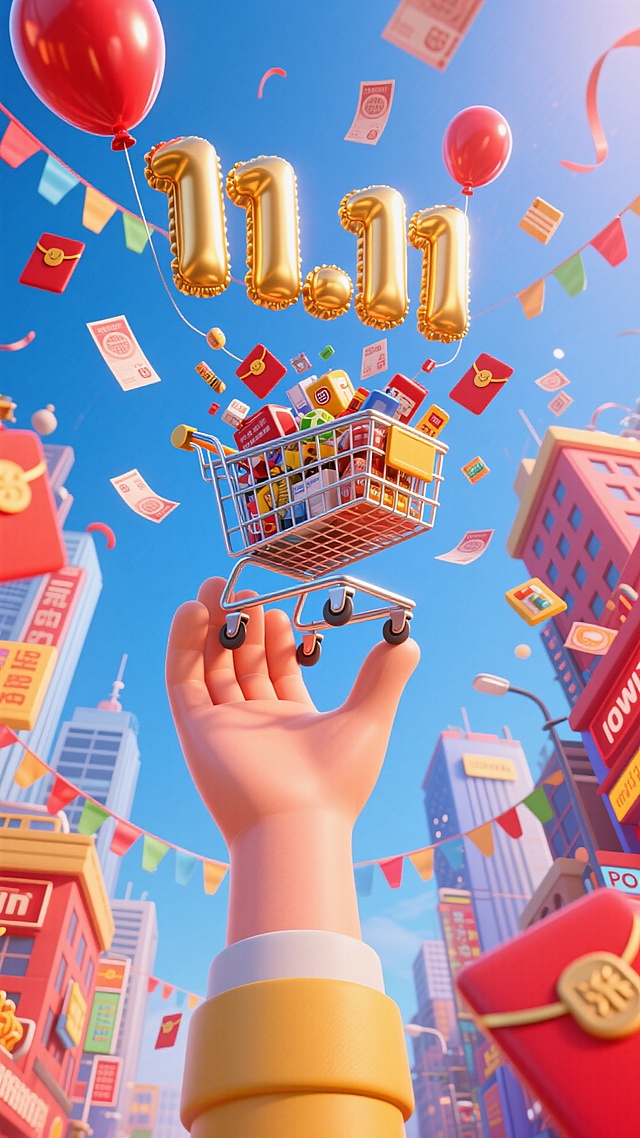 微缩的城市（热闹繁华，城市挂着彩带）中间是立着一只手的雕塑向上托着微缩的购物车（购物车里内部挤着一个“11.11”的金色气球字，琳琅满目的商品、购物券和红包从购物车内向上方扩散开），仰视角度，大透视，POV，红蓝配色