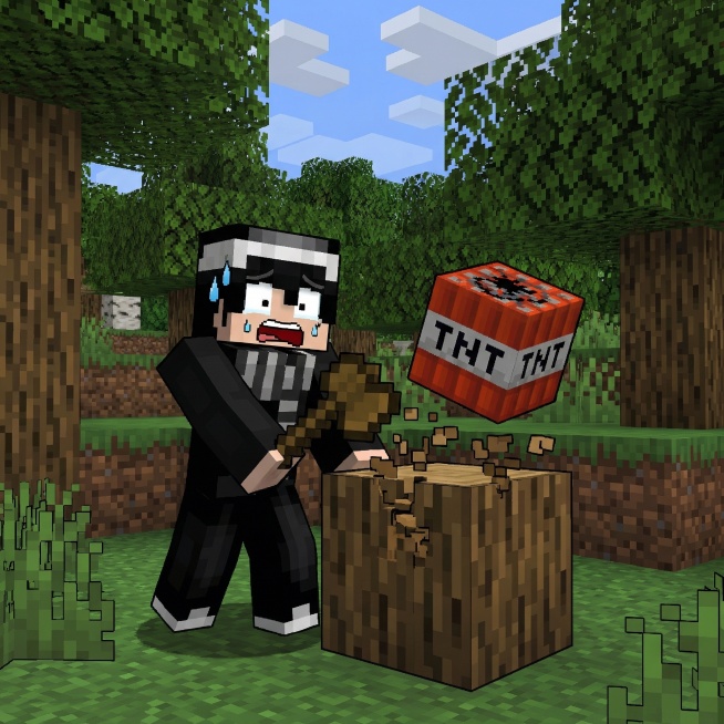 我的世界像素风格游戏画面，Minecraft皮肤角色手持木镐正在挖木头方块，挖到的木头方块里掉落出TNT炸药，角色脸上露出慌张、惊恐的表情，整体为方块像素风格，游戏场景写实。预览效果