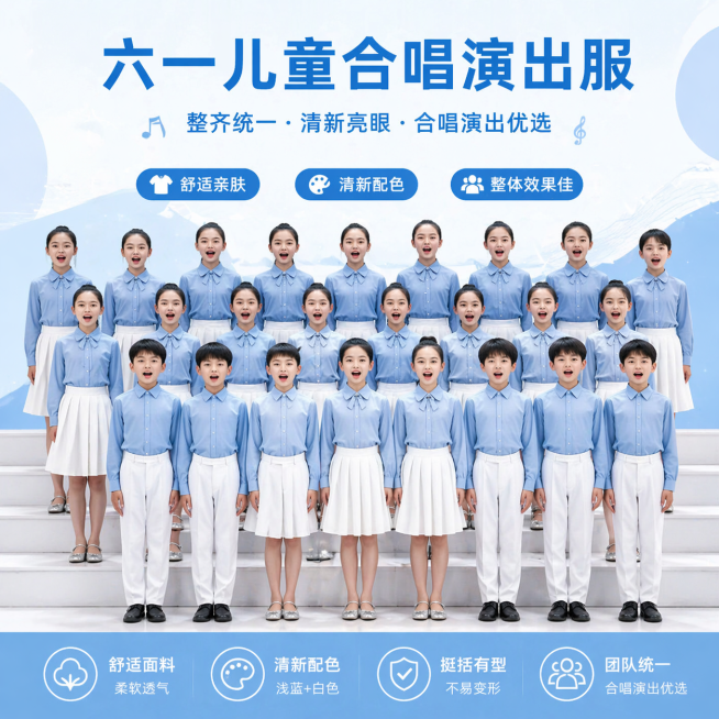 淘宝1:1方形主图，简约风格，六一儿童大合唱集体演出服，展示整体整齐的演出效果，浅蓝色衬衫搭配白色下装，排版干净吸睛，背景简洁适合电商展示，主题为六一儿童合唱演出服预览效果