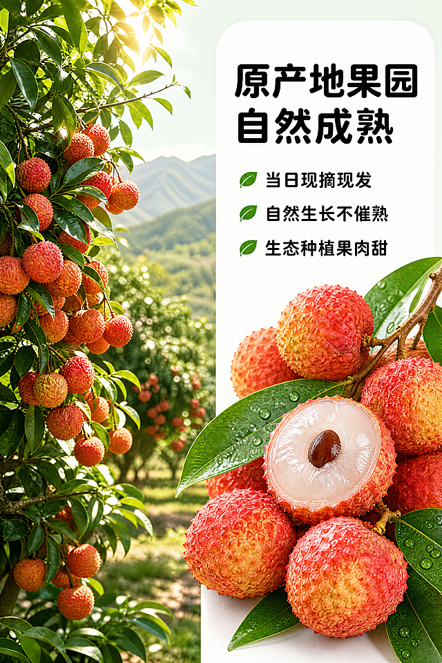 [第2屏] 果园产地展示屏-桂味荔枝产地果园现摘展示。
[氛围/风格] 自然清新田园风，阳光果园氛围，真实自然光影，突出原生态新鲜。
[元素布局] 本屏使用【图1】荔枝产品，左侧放阳光荔枝果园实景图，荔枝树叶茂密挂着红荔枝，右侧区域放文案和带枝叶的荔枝特写。保持荔枝结构颜色和输入图一致，前景带水珠的荔枝叶装饰，背景虚化突出远山和果园层次。
[光影质感] 上午柔和阳光斜射，透过树叶形成自然光斑，整体明亮温暖，突出果实新鲜。
[配色色系] 全局底色：#F2F9F4（浅绿清新底色）；主体配色：#2E5921（深绿树叶）+ #E84A27（荔枝红）+ #F8E189（荔枝黄）；辅助色：#FFFFFF（文字底）+ #111111（文字黑）。统一沿用首屏字形（圆角黑体）、字色（仅黑色）、纯色填充风格。
[视角构图] 左实景右图文案，景深效果，实景占左侧60%，文案和荔枝占右侧40%，阅读动线从上到下。
[文字版式] 顶部大标题「原产地果园 自然成熟」，圆角黑体黑色纯色填充，左对齐。下方三个卖点分点：「当日现摘现发」「自然生长不催熟」「生态种植果肉甜」，每点配小绿叶图标，文字清晰不遮挡主体。
[比例分辨率] 2:3竖版比例，4K分辨率，文字清晰可辨，超高清。
[负向提示词] 荔枝变形，颜色偏差，文字错乱，背景杂乱，过度修饰不自然。