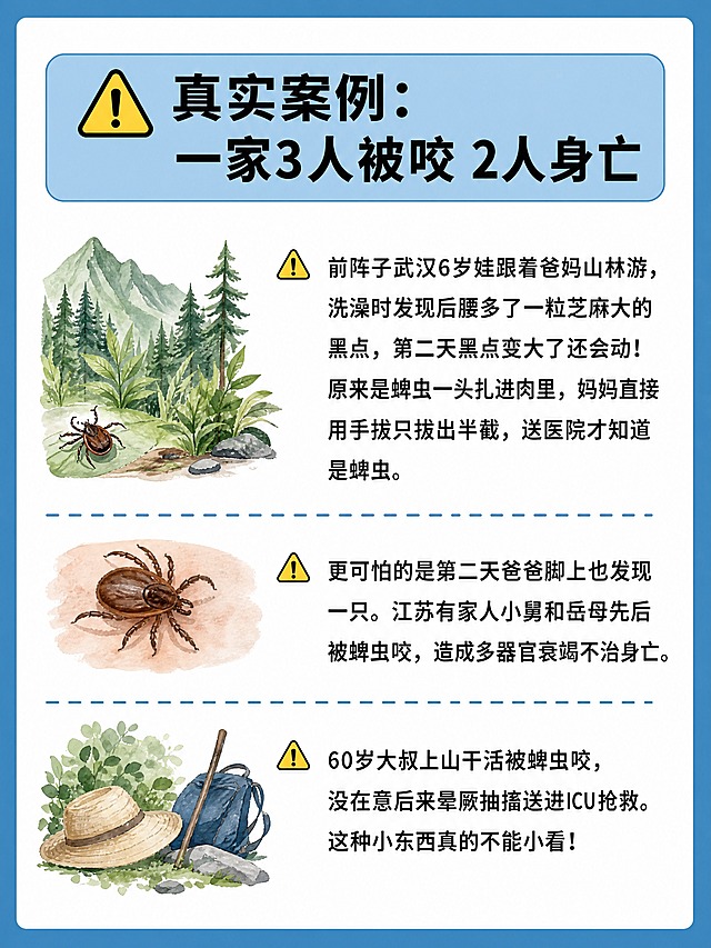 小红书健康科普图文内页，插图大字风格，ins清新风，版式骨架、分区比例、色调体系与参考图保持一致（相似度约70%），版式精美，信息层级清晰。顶部大标题逐字锁定：「⚠️ 真实案例：一家3人被咬 2人身亡」，黑色超粗黑体，蓝色圆角底框。正文内容分段落清晰呈现：「前阵子武汉6岁娃跟着爸妈山林游，洗澡时发现后腰多了一粒芝麻大的黑点，第二天黑点变大了还会动！原来是蜱虫一头扎进肉里，妈妈直接用手拔只拔出半截，送医院才知道是蜱虫。更可怕的是第二天爸爸脚上也发现一只。江苏有家人小舅和岳母先后被蜱虫咬，造成多器官衰竭不治身亡。60岁大叔上山干活被蜱虫咬，没在意后来晕厥抽搐送进ICU抢救。这种小东西真的不能小看！」。背景：白色内页+蓝色粗边框，与参考图结构一致。插画：左侧或角落配手绘水彩风格的山林草丛+蜱虫小插画，不遮挡文字。装饰：蓝色虚线分隔线分隔段落，警示emoji点缀。整体氛围：真实案例警示、严肃但不恐慌、易读。画质：高清细腻，文字清晰完整处于安全区，四周留安全边距。画面比例3:4，4K。图生图：严格使用用户上传图片，【图1】= 版式风格参考图，参考其蓝边白底、水彩插画、标题层级与虚线分隔的版式结构，文案与插画替换为本次真实案例内容。