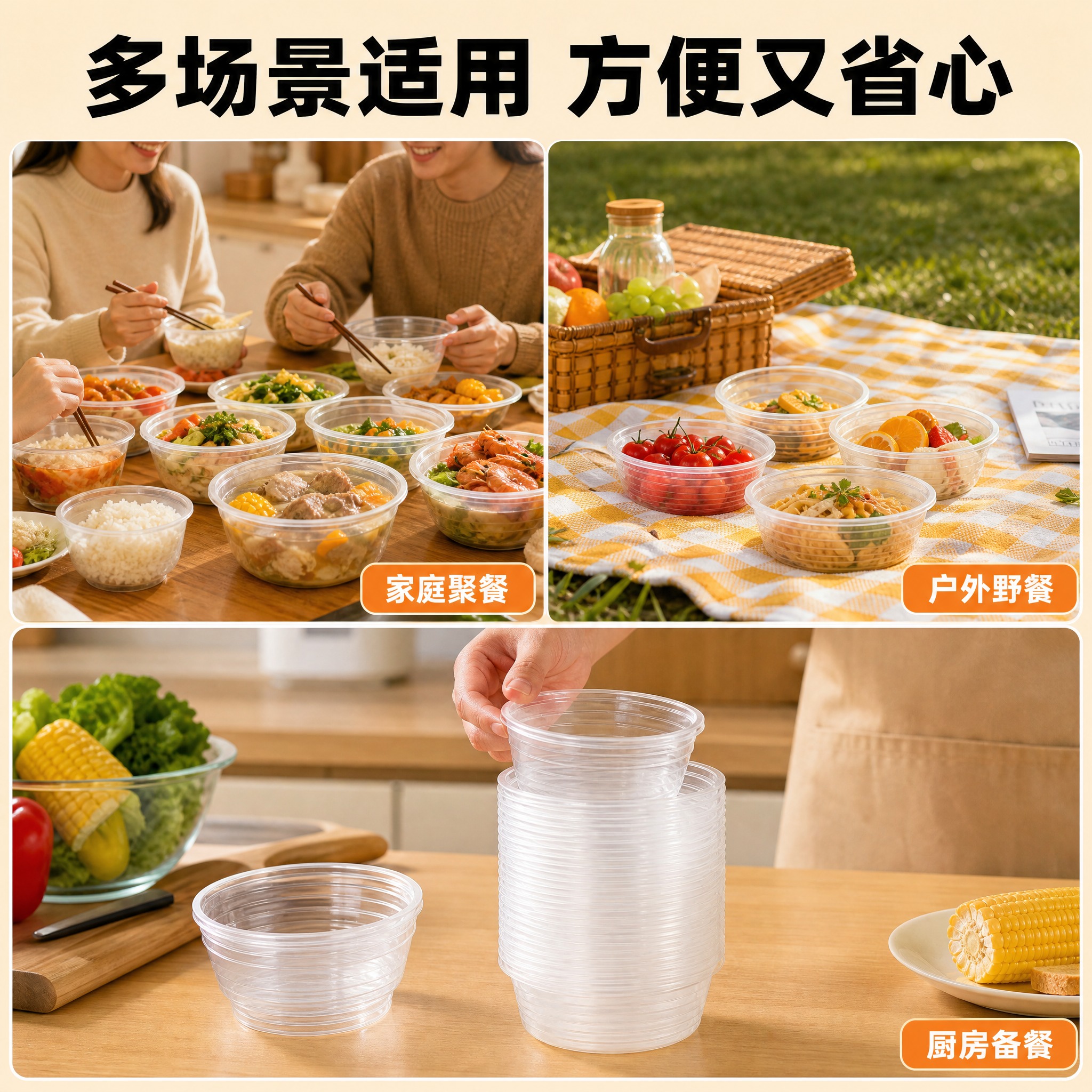 [主图-4] 永协食品级一次性塑料碗 多场景适用与使用方式展示… - 图片创意预览