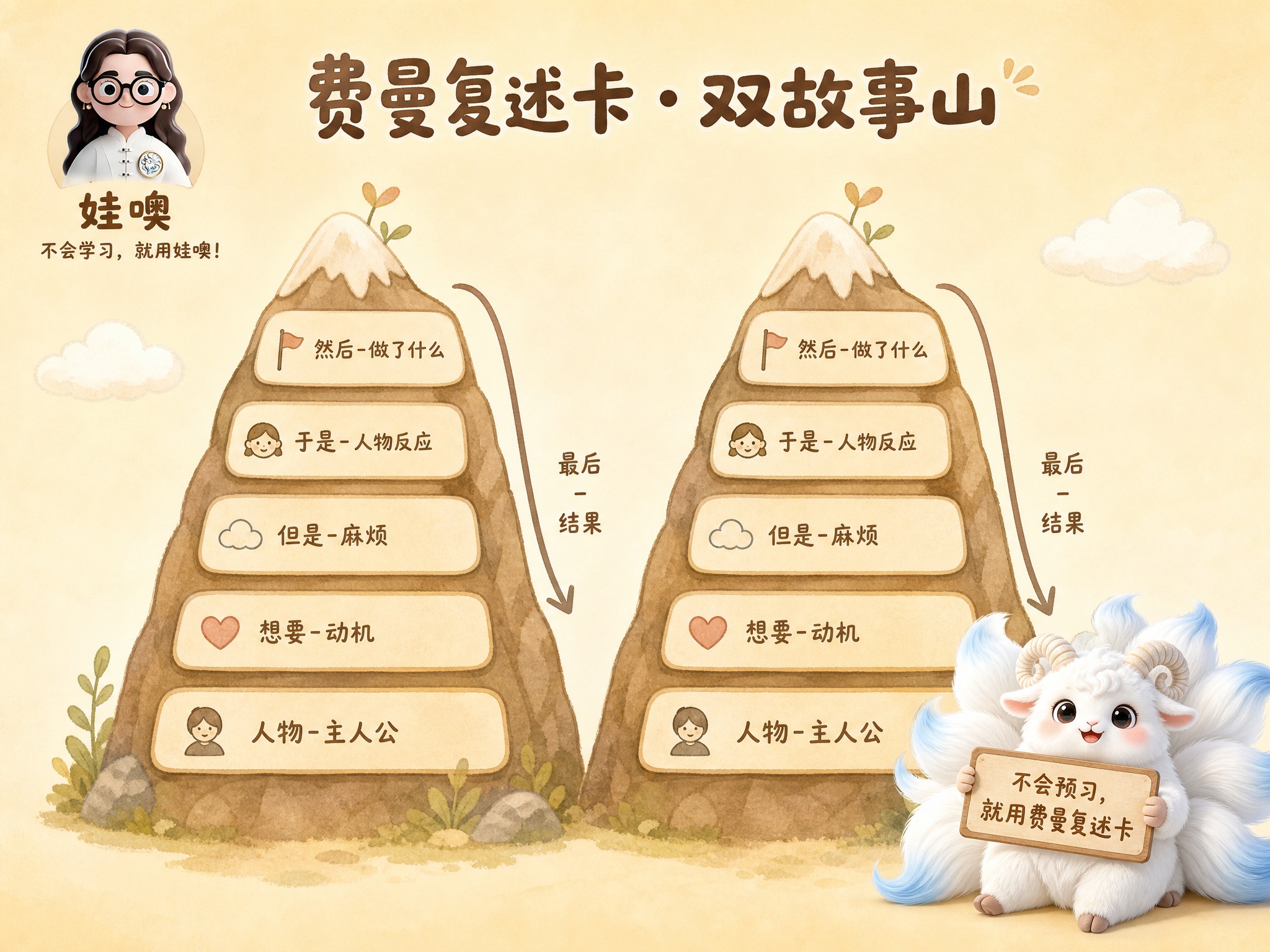 A4横版费曼复述卡标准模板，米黄色暖色调温馨风格。左上角是品牌… - 图片创意预览