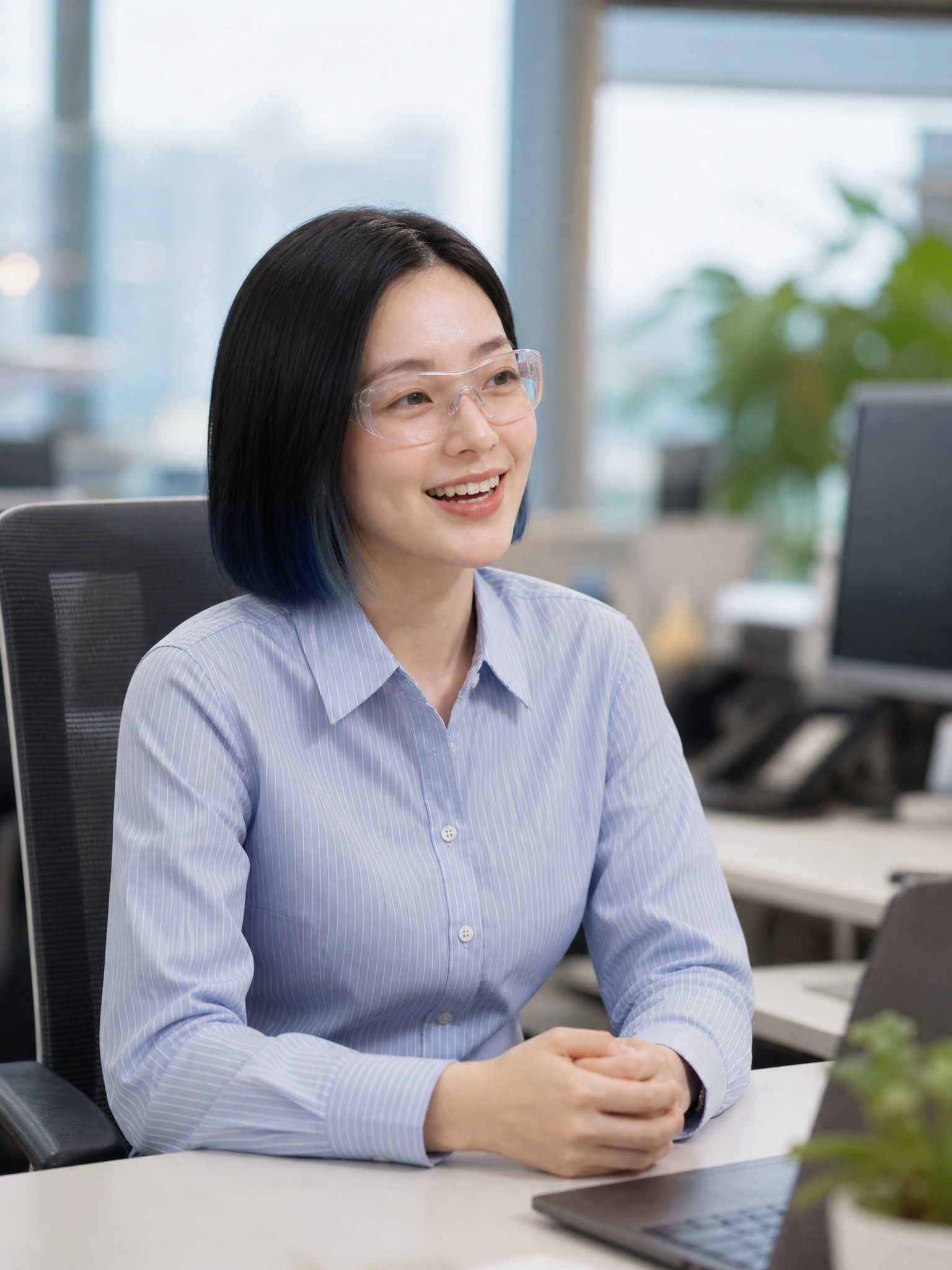 参考图1的办公室背景和办公环境，参考图2的人物面部特征（黑色短… - 图片创意预览
