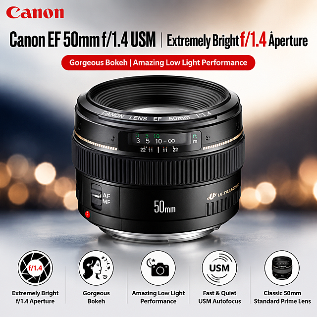 根据佳能EF50 f/1.4 USM产品图生成6张带场景突出产品卖点的速卖通主图，高转换率，英文文案，文案清晰，图标完整