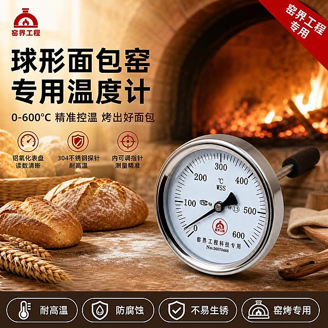 [主图] 球形面包窑专用温度计淘宝商品首图。
[氛围风格] 烘焙窑烤专业感，暖调质朴乡村面包窑风格，融合工业精密与手工烘焙质感。
[画质] 商业摄影质感，光线温暖通透，产品清晰真实，金属边缘高光锐利，画面干净高级，产品精修无划痕无脏点。
[元素] 画面右侧主体为球形面包窑专用双金属温度计，正面标度盘朝向镜头，304不锈钢探针向右侧延伸，产品完整不裁切。保持产品外观（即物理结构、材质质感、颜色、刻度盘文字与指针样式、窑界工程红色Logo）与输入产品图一致，杜绝任何变形和色差，精细化处理。商品主体占比约60%。背景为暖调面包窑场景：左侧与后方是圆形砖窑拱门轮廓，暖黄色窑火光芒从窑内透出，台面上摆放刚出炉的欧式面包、麦穗、烘焙工具，营造专业窑烤面包房氛围。左上角放置窑界工程红色圆形Logo。左侧为文案区，底部通栏卖点条。画面满屏无边框。
[光影] 左上方暖黄色主光模拟窑火余温，形成金属表壳与刻度盘玻璃的温暖高光边；右侧辅光柔化暗部，底部台面有柔和暖调接触阴影；整体光比适中，高光不溢，暗部有层次，温暖专业兼具。
[配色] 主色暖砖红与暖米黄（面包窑主调）；辅色不锈钢金属银、表盘白；强调色窑火红（重点数据）、麦穗金（辅助装饰）。
[视角构图] 平视微俯视角，主体位于画面右侧黄金分割位，左侧留负空间给文案；前中后景分层，景深中等，背景面包窑适度虚化突出主体。
[文字版式] 左上区域左对齐排版，主标题大字"球形面包窑专用温度计"黑色粗体无衬线最大号；下一行副标题"0-600℃ 精准控温 烤出好面包"字号约一半，深棕色。再下方3个短卖点横排小图标+文字：「铝氧化表盘 读数清晰」「304不锈钢探针 耐高温」「内可调指针 测量精准」，图标用暖砖红色。底部通栏深棕色底条，均分4个卖点胶囊，白字：「耐高温」「防腐蚀」「不易生锈」「窑烤专用」。右上角红色角标"窑界工程专用"白字。
[输出要求] 1:1比例，文字清晰锐利可辨，超高清商业摄影质感。
[负向提示词] 变形，文字错乱，产品图模糊，背景杂乱，水印，电商平台Logo，多余的手，多余的手指，畸形手，融合手指，手部扭曲，人物面部扭曲，关节反折。