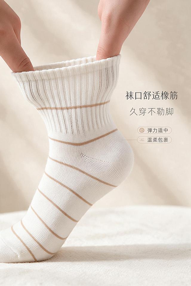 [商品] 使用【图1】米白浅棕条纹短袜；商品处理：100%继承原袜子的针织面料、纱线纹理、织物颗粒、原有条纹印花、褶皱、明暗光影，袜子质感完全复刻原图，禁止重新生成袜子材质，不抹平颗粒，不要塑料光滑感；仅适配环境光影，袜子本身纹路细节不做美化、不过度修图，保持真实实拍纪实质感。重点展示袜口部位，保留罗纹纹理、橡筋结构、条纹衔接。
[画面] 页面目标：袜口细节展示，突出舒适不勒。画面为袜口部位特写放大，清晰展示袜口罗纹橡筋的细密纹理、弹性结构和收边工艺，可搭配手指轻拉袜口展示弹力的动作。背景为浅米色柔焦虚化，袜口位于画面中心偏左，右侧留白放文案。整体突出弹力适中、温柔包裹的舒适感。
[视觉] 套系策略：风格=真实实拍纪实质感，高级简约商业摄影；标题字=现代简约无衬线粗体；正文字=简洁无衬线体；主色=米白奶杏色；背景延展=基于米白奶杏做深浅层级、同色渐变和细腻织物/纸张质感；强调色=浅驼棕，仅用于小面积图标、引线和标签；标题色=深炭灰；正文色=中暖灰；组件=细线引线、浅底圆角信息卡；光影=左前侧自然柔光，柔和漫反射，真实阴影。
[文字] 右侧主标题"袜口舒适橡筋"，副标题"久穿不勒脚"，下方两个卖点："弹力适中"、"温柔包裹"。文字全部横向排版，层级分明，不遮挡袜口细节主体。
[规格] 图片比例2:3竖版，2K分辨率，真实实拍纪实质感，不过度修图。避免袜子材质改变、纹理抹平、塑料光滑感、变形、错字、文字过小、冷蓝/蓝灰背景。