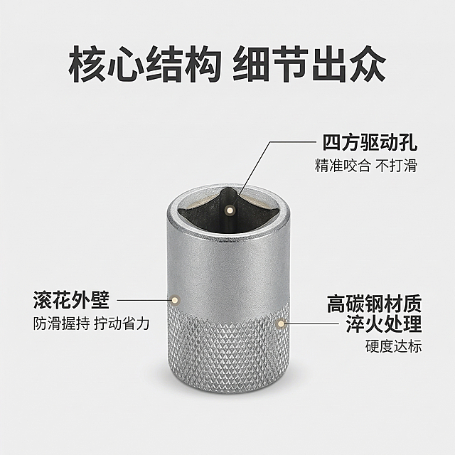 [主图 2] 五金套筒核心亮点展示
[氛围/风格] 专业五金工具参数展示，清晰易读，简洁专业
[画面元素] 保留原图套筒产品主体，替换背景为纯净浅灰色背景，用极细引线标注产品关键部位：驱动方头、滚花防滑手柄、精密齿纹，每个标注配光点定位，展示产品核心结构优势，整体干净不杂乱
[配色色系] 主色调：浅灰色背景；文字标注使用深灰色，线条为黑色
[视角构图] 中心构图，产品主体占据画面核心位置，标注分布在四周留白区域
[文字版式] 顶部大标题 "核心结构 细节出众"，依次标注：[1] 四方驱动孔 "精准咬合 不打滑"；[2] 滚花外壁 "防滑握持 拧动省力"；[3] 高碳钢材质 "淬火处理 硬度达标"；文字排列有序，引线纤细不遮挡主体，左对齐排列，字重对比分明
[比例分辨率] 1:1 比例，2k 分辨率，确保产品外观与原图完全一致