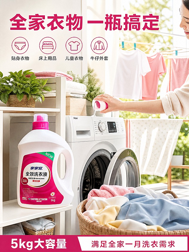 [商品] 使用【图1】家家宜全效洗衣液5kg瓶装；保留白色瓶身、玫红色标签、家家宜Logo、全效洗衣液字样、5kg容量标注、雏菊图案；商品处理：产品放在洗衣机旁的置物架上，融入场景，标签清晰可见。
[画面] 目标：使用场景页，展示家庭洗衣真实场景，多衣物类型适用。构图：场景满铺，产品位于画面左下侧，占画面30%，上方和右侧是洗衣场景。景别：全景。前中后景：前景洗衣篮里的各色衣物，中景洗衣液和洗衣机，背景明亮的阳台/洗衣房，晾晒的T恤、衬衫、毛巾、床上用品，阳光充足。一位亚洲女性的手部正在将洗衣液倒入洗衣机，动作自然。
[视觉] 套系策略：风格=清新洁净家庭商业摄影风；标题字=粗黑体大字；正文字=简洁黑体；主色=玫红+白色；背景延展=明亮暖调家居场景，白色+浅木色+阳光黄，点缀玫红色毛巾/衣物呼应主色；强调色=浅金色，仅用于小面积标签和高光；标题色=深玫红；正文色=深灰色；组件=场景标签、适用衣物小图标；光影=自然光从右侧窗户洒入，温暖明亮。
[文字] 顶部主标题："全家衣物 一瓶搞定"；右上角4个小图标+文字："贴身衣物"、"床上用品"、"儿童衣物"、"牛仔外套"，表示适用范围；底部信息条："5kg大容量 满足全家一月洗衣需求"。文字横向排版，不遮挡产品和主要场景。
[规格] 图片比例3:4竖版，4K，避免变形、错字、文字过小、人物脸部模糊、场景虚假、瓶身颜色改变。