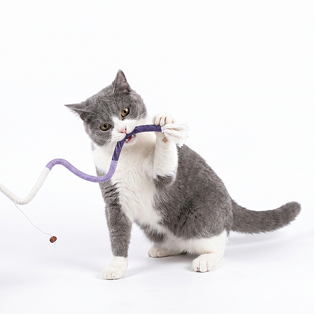 一只猫咪的全身，只玩其中一个波浪形状的彩色绳子猫玩具，背景为纯白色，整体是白底图，画面干净清晰