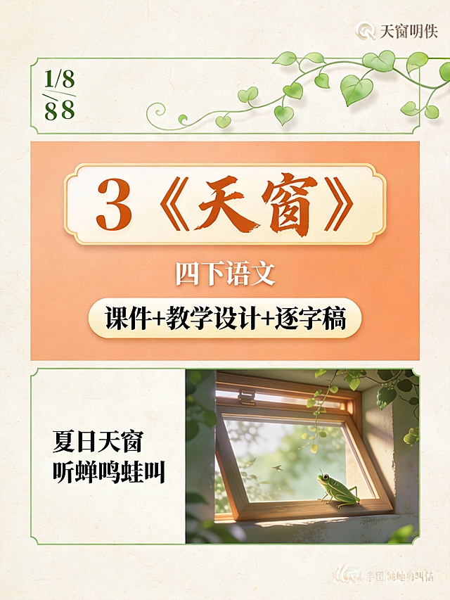 帮我生成图片：帮我生成图片：比例 「3:4」生成9张图-3D渲染
✅ 关键：视觉焦点必须在中区
✅「每张图根据课题意境设计不同风格、不同类型的纯图片，颜色以清新浅色为主，每张图背景不同、场景不同、框架不同、构图不同、颜色不同、风格不同，「文字字体不同位置合理、可读性强」
质感元素：纸张纹理、轻微阴影（让图片更立体，不呆板）
采用「上 - 中 - 下」分区构图，背景颜色各异，避免元素堆砌：
上区（占全图比例 1/8）：搭配中区和下区设计
中区（占全图比例 3/8）：封面课题（有独立的背景）
下区（占全图比例 4/8）：课题意境图
封面课题写：
第一行写：3《天窗》（色框填充，工整手写字体）
第二行写：四下语文（将每个文字居中排布在背景上）
第三行写：课件+教学设计+逐字稿（圆角矩形框）