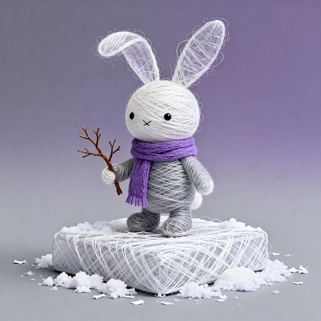 毛线编织的软3D小兔，拟人化设计，手持枯枝，戴紫色围巾，立于雪地之上，营造冬日温馨梦幻感，展现可爱与柔软体积感。