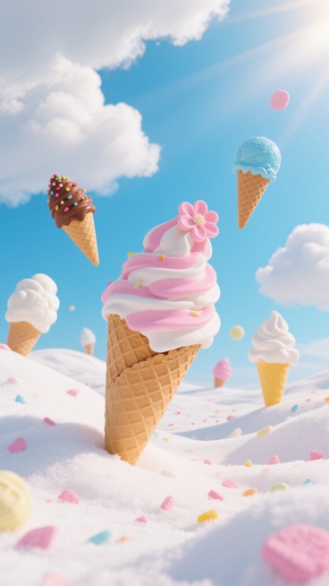 超现实主义风格的冰淇淋背景，以明亮的蓝白渐变天空为基底，点缀着蓬松的白色云朵，阳光透过云层洒下柔和的光线，营造出梦幻而欢快的氛围。前景是覆盖着厚厚白色奶油状“雪地”的起伏地面，散落着粉色和彩色的小糖果或冰淇淋碎屑。画面中央及周围悬浮着多个不同形态的冰淇淋：近处一个巨大的华夫饼锥，内装粉色与白色螺旋状混合的冰淇淋，顶部有精致的粉色奶油花；背景中还有带有彩色糖粒的棕色甜筒、蓝色冰淇淋球甜筒、白色奶……预览效果