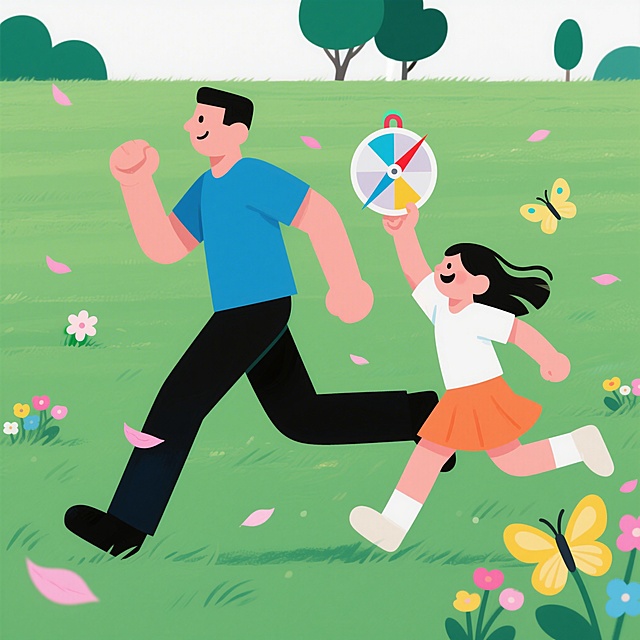 扁平插画风格的户外奔跑场景，简单干净的2D图形，明亮柔和的色彩，充满纯粹的快乐和自由感。画面中，一位爸爸和一个女孩（色块风格人物，无细节五官，仅通过色块和形状表现）正在开阔的草地上从画面左侧向右侧横穿奔跑。爸爸伸出右手拉着女孩的左手，女孩身体微微前倾，领先爸爸半步，脸上洋溢着灿烂的笑容，头发随风飘起，表现出欢快的动势。道具分配：女孩的右手高高举起一个彩色指南针，指南针的指针清晰可见；爸爸空着的手自然摆动，姿态轻松惬意。背景是开阔的绿色草地，点缀着几朵彩色的小野花。画面中飘落着几片粉色的花瓣，几只蝴蝶在父女俩身边飞舞，增加了画面的灵动感和自然气息。远处有几棵简化的大树作为点缀。整体色调以清新的绿色为主，搭配指南针的明亮色彩（如红色、蓝色），以及花瓣的粉色和蝴蝶的明黄色，画面充满活力与童趣。采用侧面横穿构图，突出奔跑的动感和亲子间温馨的互动感。