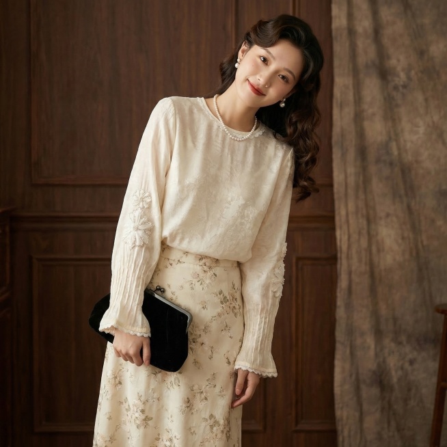 全身照，同一个长相甜美年轻东亚女生，年龄20-25岁，穿着图中米白色提花蕾丝长袖上衣，上衣不塞进下装，叠穿米白色碎花半身裙。留着复古波浪卷，侧分发型，发尾垂在肩前，佩戴珍珠耳饰和珍珠项链，拿着黑色丝绒预览效果
