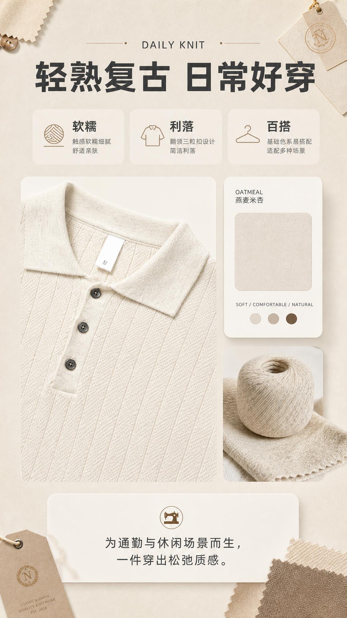 [商品] 使用【图1】燕麦色竖坑条针织短袖Polo衫；商品处理… - 图片创意预览