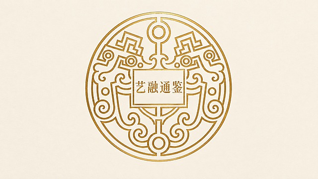 基于这张图进行修改：1. 背景改为干净清爽的浅米色高级质感背景，去掉古旧的毛边和做旧纹理，换成细腻平滑的哑光质感或细腻的浅米色肌理，更现代高级不陈旧；2. 中间的圆形金色logo纹样大幅放大，占据画面更主要的视觉比例，成为绝对视觉中心；3. 将"艺融通鉴"文字放在logo圆形内部居中位置，字体为现代精致的新中式设计字体，金色质感，与纹样融合协调；4. 整体风格简约高级，现代与传统结合，构图居中平衡
