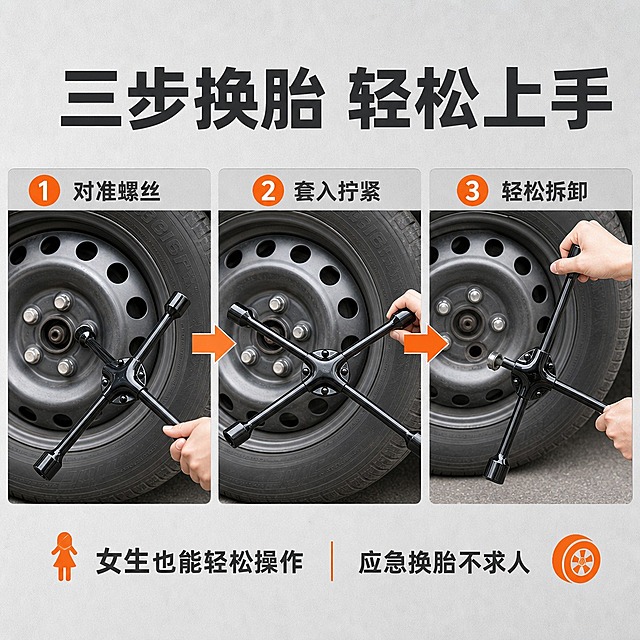 [主图-12] 换胎步骤教学，核心任务：用三步法展示换胎使用流程，降低使用门槛。
[统一基调] 淘宝天猫五金器械专业风格，浅灰工业背景，主标题深灰粗黑体，辅助文案深灰色，强调色亮橙色，高信息密度满版构图。
[画面] 画面上部大标题"三步换胎 轻松上手"。下部横向排列三个步骤图，每步有编号和场景：第1步-"对准螺丝"，展示扳手套筒对准轮胎螺栓；第2步-"套入拧紧"，展示扳手套在螺栓上开始施力；第3步-"轻松拆卸"，展示螺栓被拧下的状态。每个步骤图中都有十字扳手出现，产品外观一致。步骤之间用箭头连接。底部说明"女生也能轻松操作 应急换胎不求人"。
[光影质感] 三步场景均为清晰产品操作摄影，光线明亮均匀，产品细节清楚，步骤动作连贯自然。
[配色] 浅灰背景，深灰标题，橙色步骤编号和箭头，清晰明快。
[文字版式] 顶部标题，中部三步横排等大，底部说明，流程清晰易读。
[输出要求] 1:1正方形，步骤清晰，动作连贯，产品外观一致。禁止变形、错字、模糊、水印、平台Logo、手部畸形。