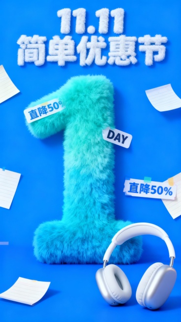 主视觉为一个蓝绿色渐变毛绒材质的“1” ，“DAY”标签位于数字“1”上，商品位于画面右下角，背景是高饱和蓝色结合便签纸元素，画面上方为毛绒主标题“11.11 简单优惠节”，“直降50%”便利贴装饰。预览效果